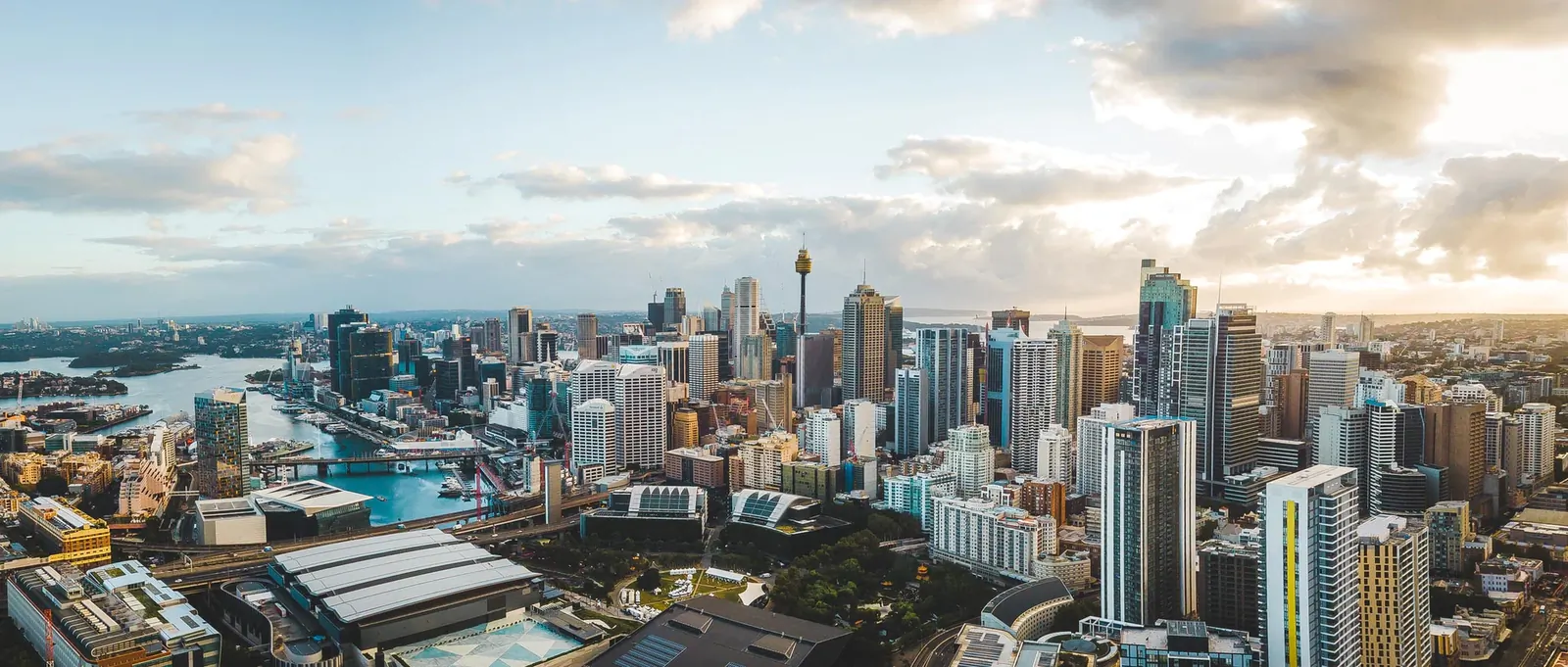 Aerial view of the Sydney city skyline and Darling Harbour with apartment towers in the foreground