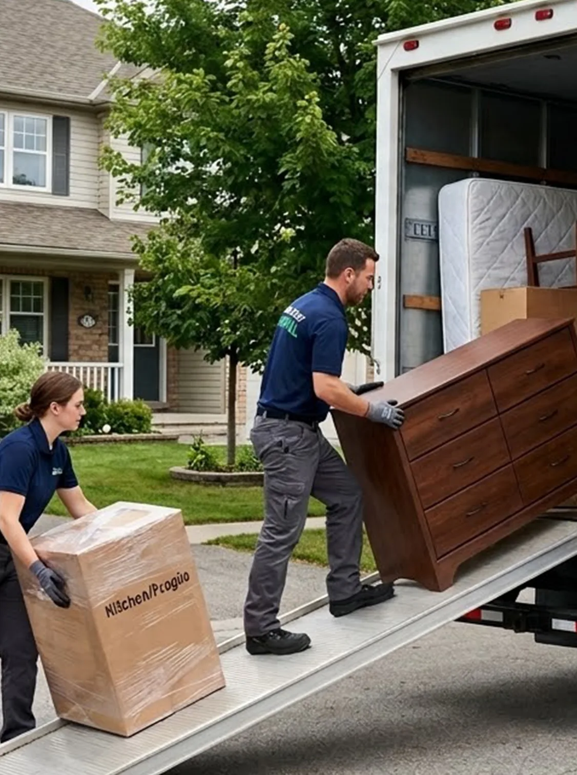 Two removalists carrying a timber dresser and a labelled carton down the ramp of a truck outside a suburban house